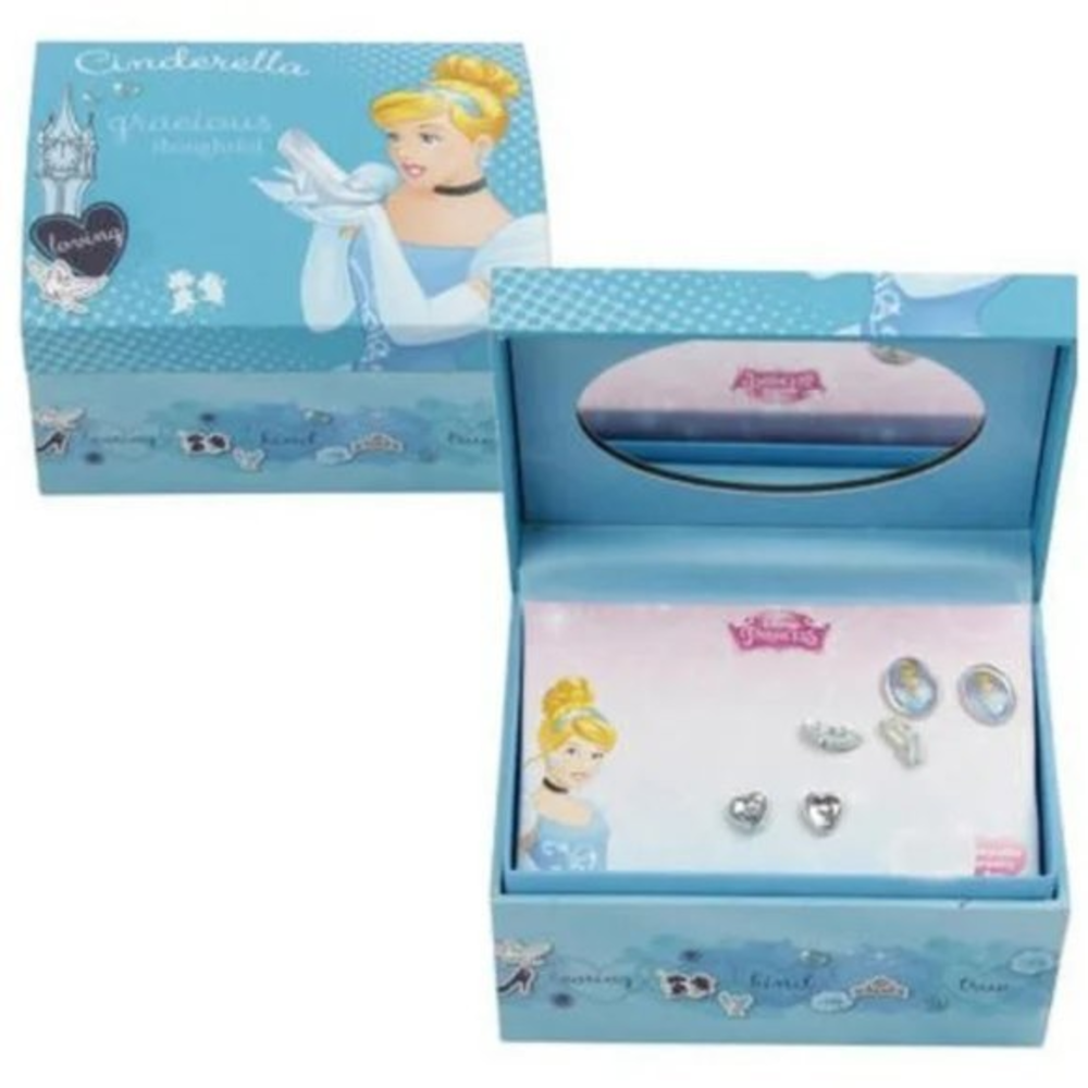 3‎ Pair Set Disney Princess Cinderella Earrings with Keepsake Blue Jewelry Box